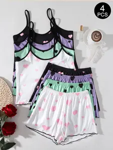 1/2/3/4 PCS Women's Heart Print Pajama Set, Pyjamas, Pjs, Slim-Fitting Casual Sleepwear, Soft Breathable Fabric, All Seasons Home Wear, Comfortable Daily Loungewear