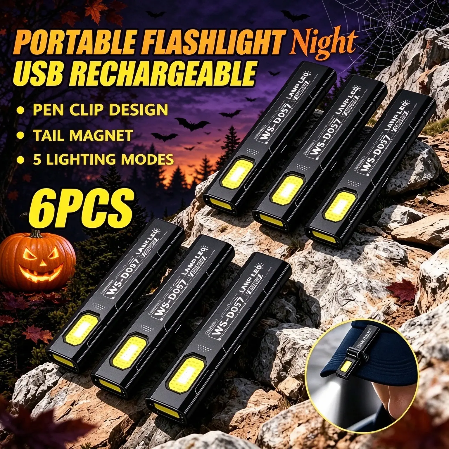 EverydayLumen 6PCS Unisex Mini Rechargeable Handheld Flashlight - Hiking Gear Keychain Light with LED Clip, Hat Clip, Power Display, Magnetic Base