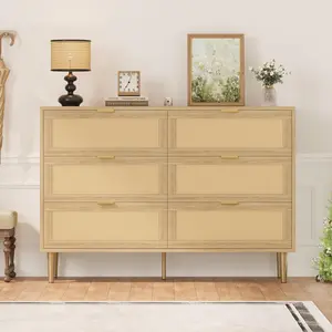 6 Drawer Rattan Dresser for Bedroom,Bohemian Chest of Dressers with Metal Legs,Sleek Wood Dresser with Ample Storage,Rattan Chest of Drawers for Living Room,Natural Oak
