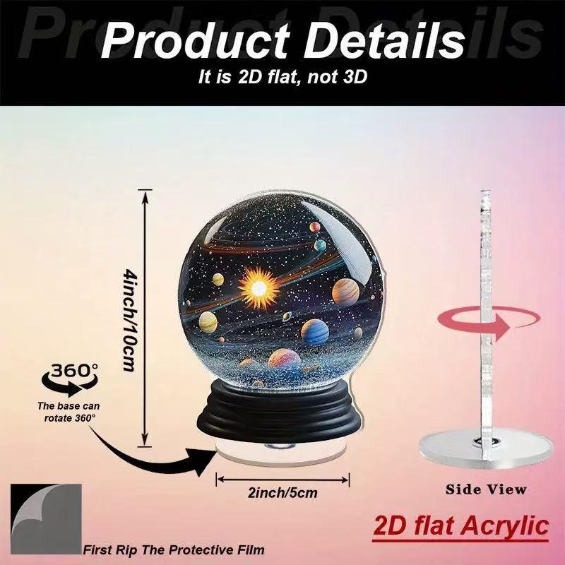 Rotating Solar System Crystal Snow Globe, 2D Acrylic Moon Desktop Decor, Gifts for Astronomy Lovers and Space Enthusiasts