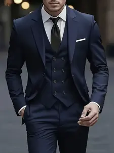 Men'S 3pcs Suit Set - Formal Business Attire with Slim Fit, Long Sleeve, Non-Stretch Fabric, Solid Color, Lapel Collar, Fake Buttons, Perfect for Work, Wedding, And Holiday Gifts, Wedding Attire | Slim Fit Suit | Nonstretch Fabric Formal Wear Suit Pants