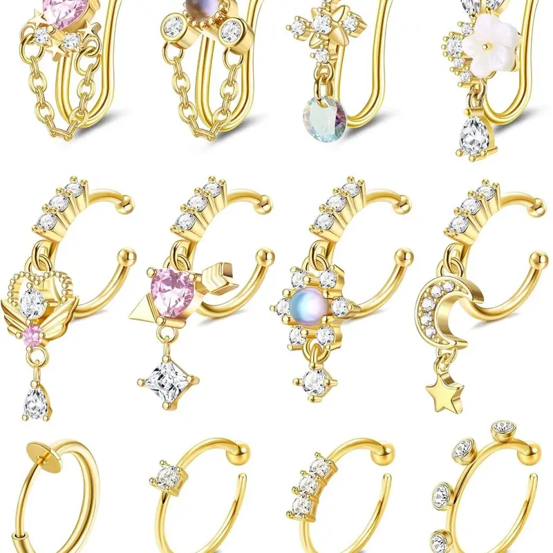 12pcs Fake Nose Ring Hoop, Stainless Steel Clip on Dangle Nose Ring, Non Piercing Adjustable Faux Nose Rings Set for Women Men, Nose Rings Hoops, Nose Ring Body Jewellery