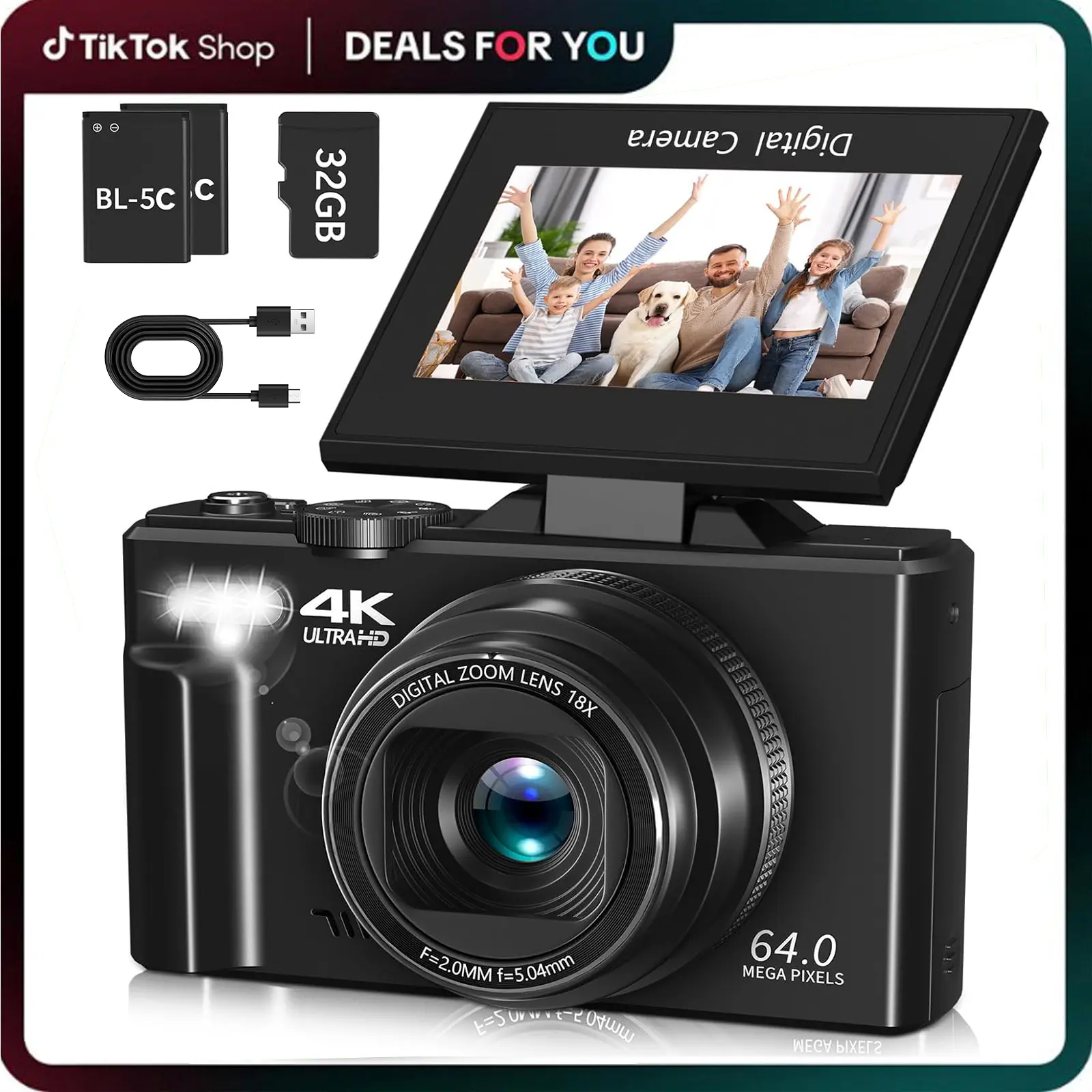 4K Digital Camera for Photography, 64MP Vlogging Camera for YouTube with 3" 180° Flip Screen, 18X Digital Zoom Point and Shoot Camara with 32GB Micro SD Card for Beginner (Black)