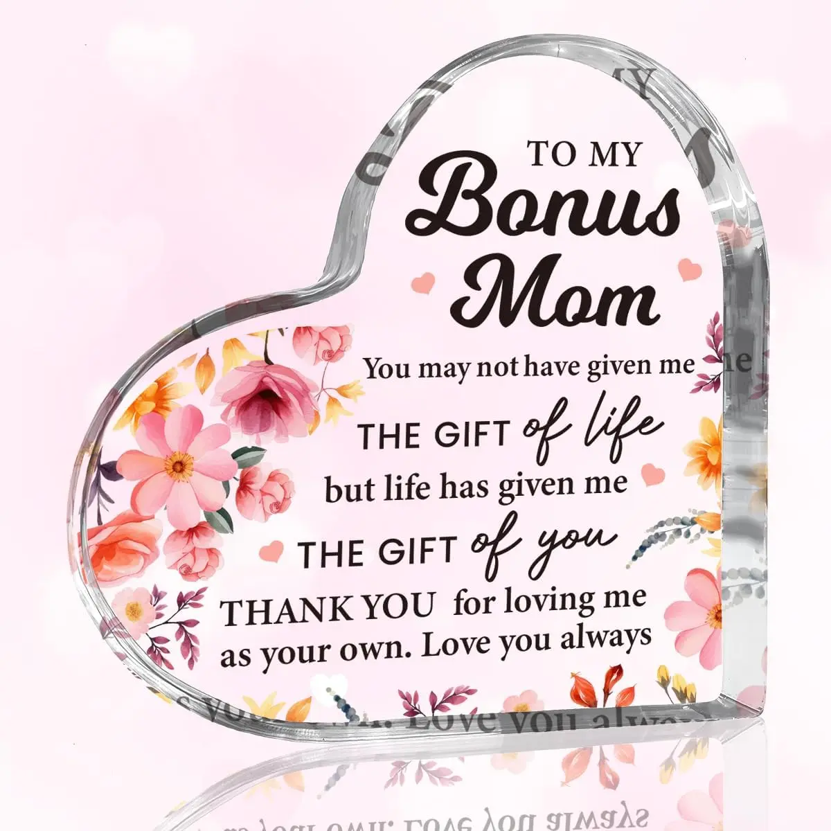 Bonus Mom Step Mom Mothers Day Gifts for Stepmom from Son Daughter I Love You Thank You Birthday Gifts for Bonus-mom Step-Mom Office Desk Decor For Home Heart Acrylic Sign Christmas Gift