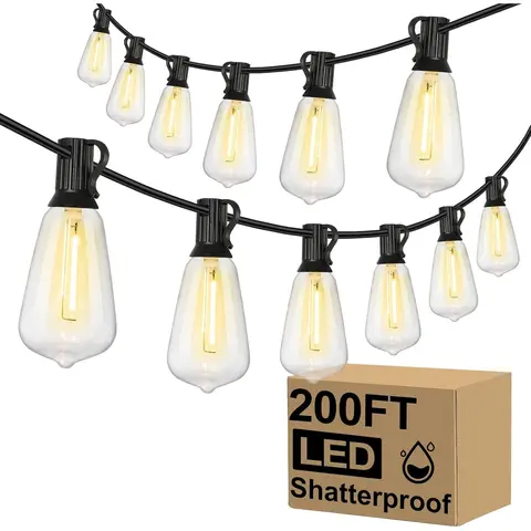 Black Outdoor Connectable String Lights, 25-200FT with 10-100 Shatterproof ST38 LED Edison Bulbs, Waterproof Dimmable Hanging Fixtures for Backyard Porch Decor, Shatterproof Led Bulbs