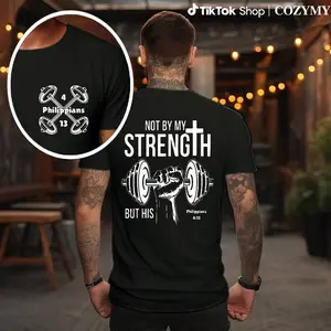 vintage Unisex heavyweight 230g pure cotton T-shirt - 'Not by my strength, but by His' double-sided printed cross and dumbbell pattern,
