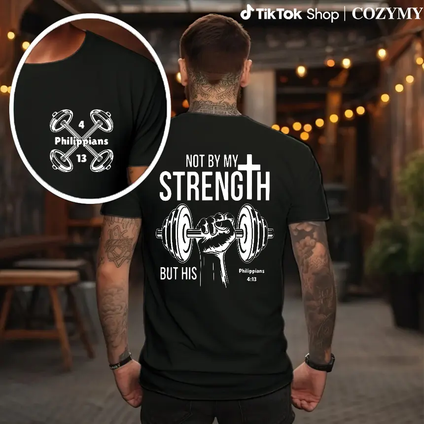 vintage Unisex heavyweight 230g pure cotton T-shirt - 'Not by my strength, but by His' double-sided printed cross and dumbbell pattern,