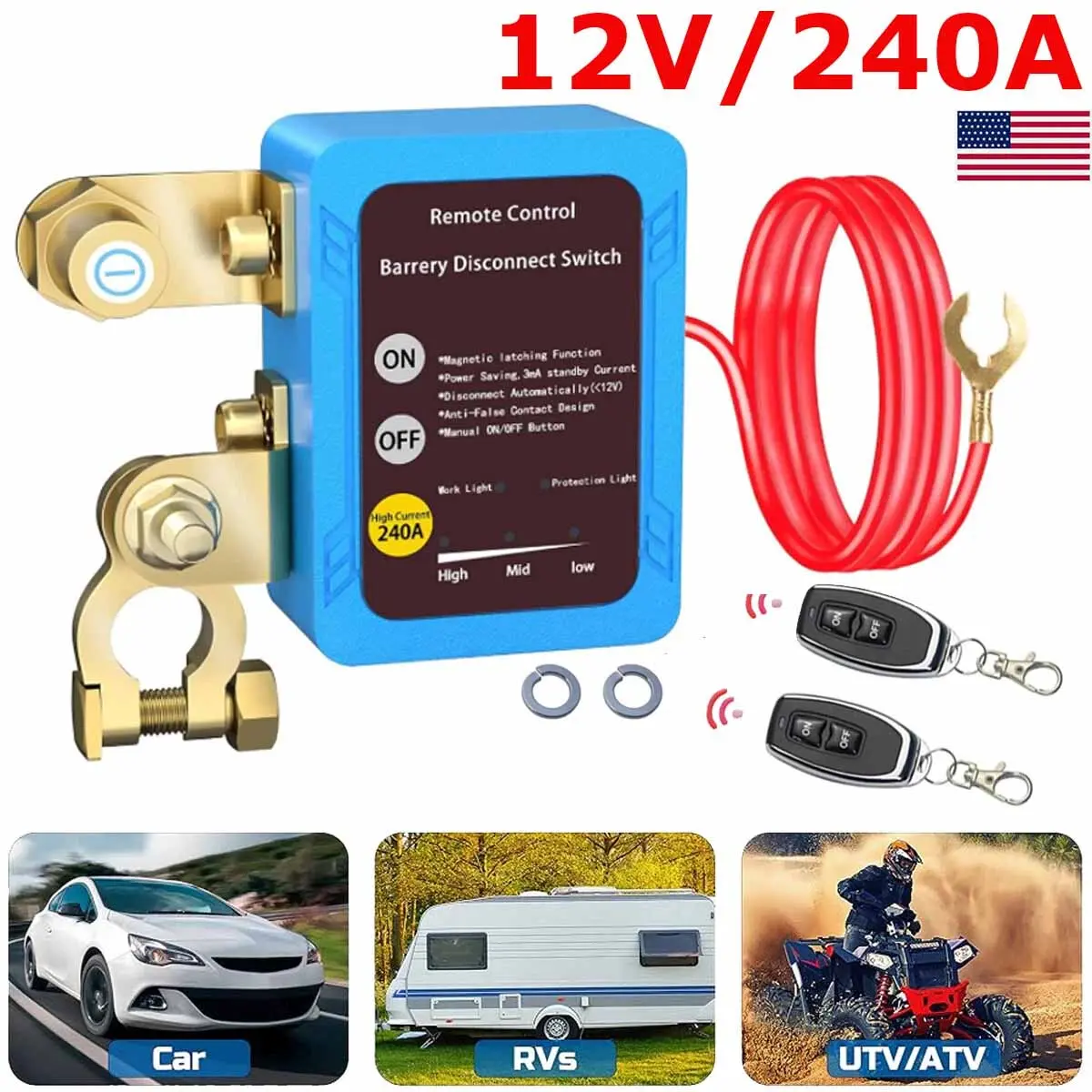 12V Smart Battery Kill Switch (240A) - Automatic Voltage Sensing Disconnect Switch with Dual Remote Controllers, 11.8V Low Voltage Auto Cut Off Isolator for Trucks/RVs, Marine Vehicles