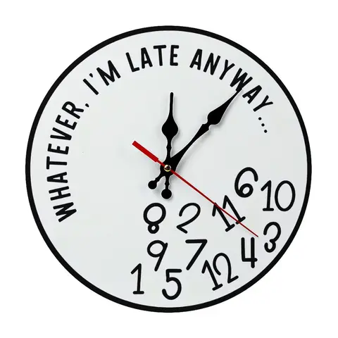 【Easy assembly】Whatever I'm Late Anyway Funny Wall Clock, DIY ASSEMBLY NEEDED, 10/12Inch Silent Non-Ticking Round Wooden Wall Clock, Unique Irregular Number Clock for Home Office Kitchen Decor