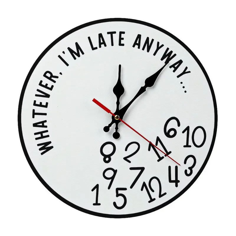 【Easy assembly】Whatever I'm Late Anyway Funny Wall Clock, DIY ASSEMBLY NEEDED, 10/12Inch Silent Non-Ticking Round Wooden Wall Clock, Unique Irregular Number Clock for Home Office Kitchen Decor