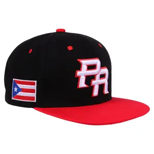 PR Black And Red Color Blocking Snapback Embroidered Puerto Rico Character Design Adjustable Cap Hip-Hop Sun Protection Hat for Men and Women Casual Personality Outdoor Hat