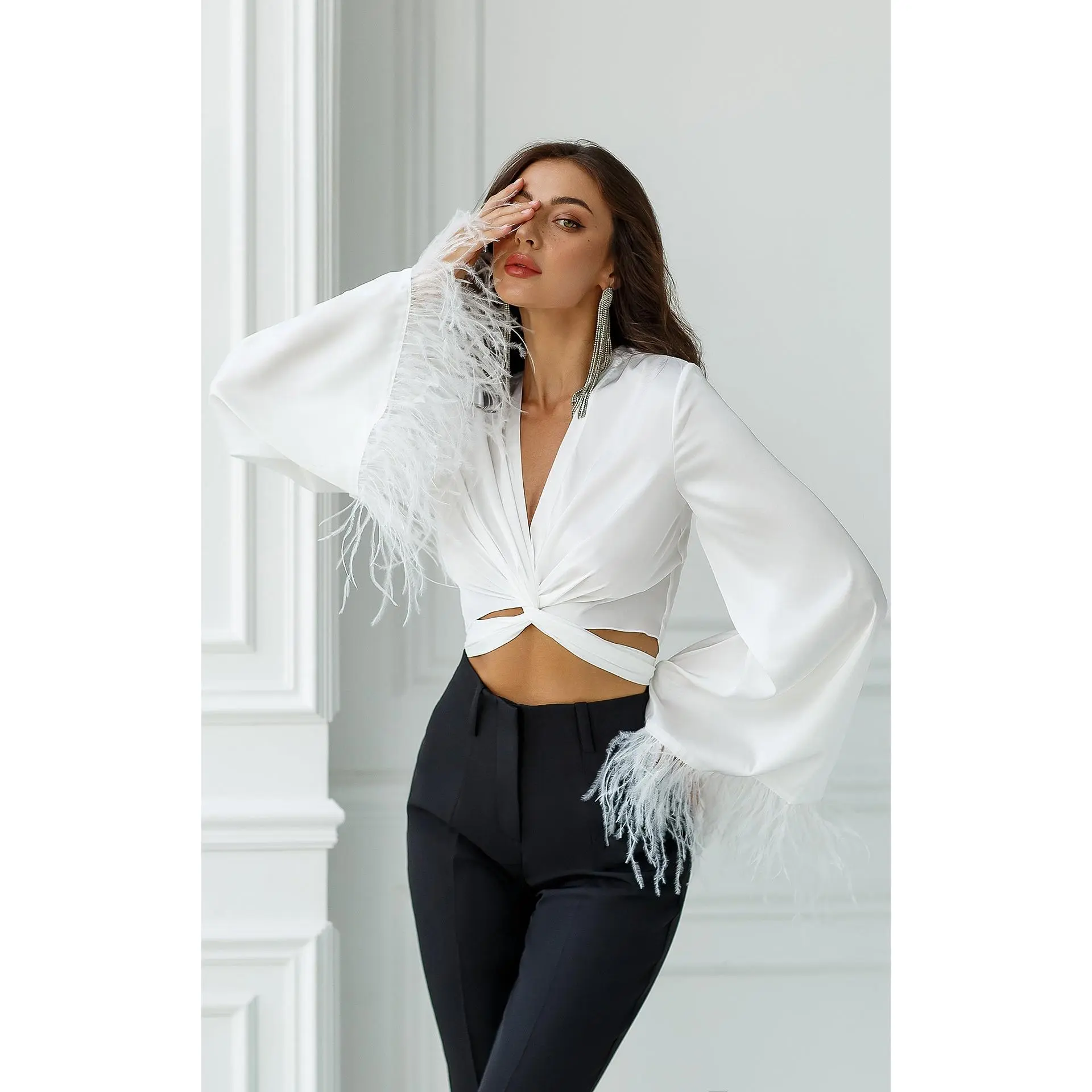White Silk Feather Sleeve Blouse