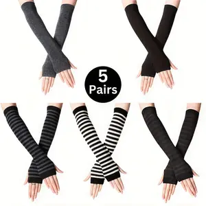 5 Pairs Women's Y2K Striped Fingerless Gloves - Soft Warm Long Arm Covers with Thumb Hole, Touchscreen Compatible &, Stretchy Machine Washable for Autumn Winter Casual Outfits, Hand Warmer Gloves, Casual Handwear