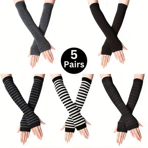 5 Pairs Women's Y2K Striped Fingerless Gloves - Soft Warm Long Arm Covers with Thumb Hole, Touchscreen Compatible, Stretchy Machine Washable for Autumn Winter Casual Outfits, Gloves for winters