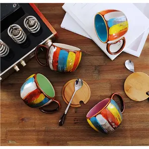 Creative ceramic cup milk cup water cup coffee cup breakfast cup couple cup to cup mug with lid spoon