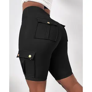 Women Tummy Control Butt Lifting Active Shorts High Waist Flap Pocket Workout Bermuda Cargo Running Shorts twerk  shorts