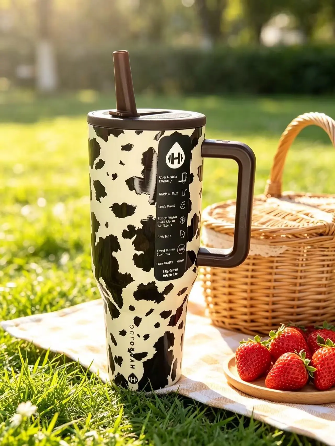 HydroJug 40oz Retro Cow Print Insulated Stainless Steel Tumbler, Black Straw, Ergonomic Handle, Leak-Proof Lid, 24-Hour Cold Retention, Portable Travel Mug for Camping, Car Commute