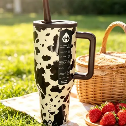 HydroJug 40oz Modern Retro Cow Print Vacuum Insulated Stainless Steel Flask Tumbler, Black Straw, Ergonomic Handle, Leak-Proof Lid, 24-Hour Cold Retention, Portable Water Bottle for Camping, Daily Carry Tumbler