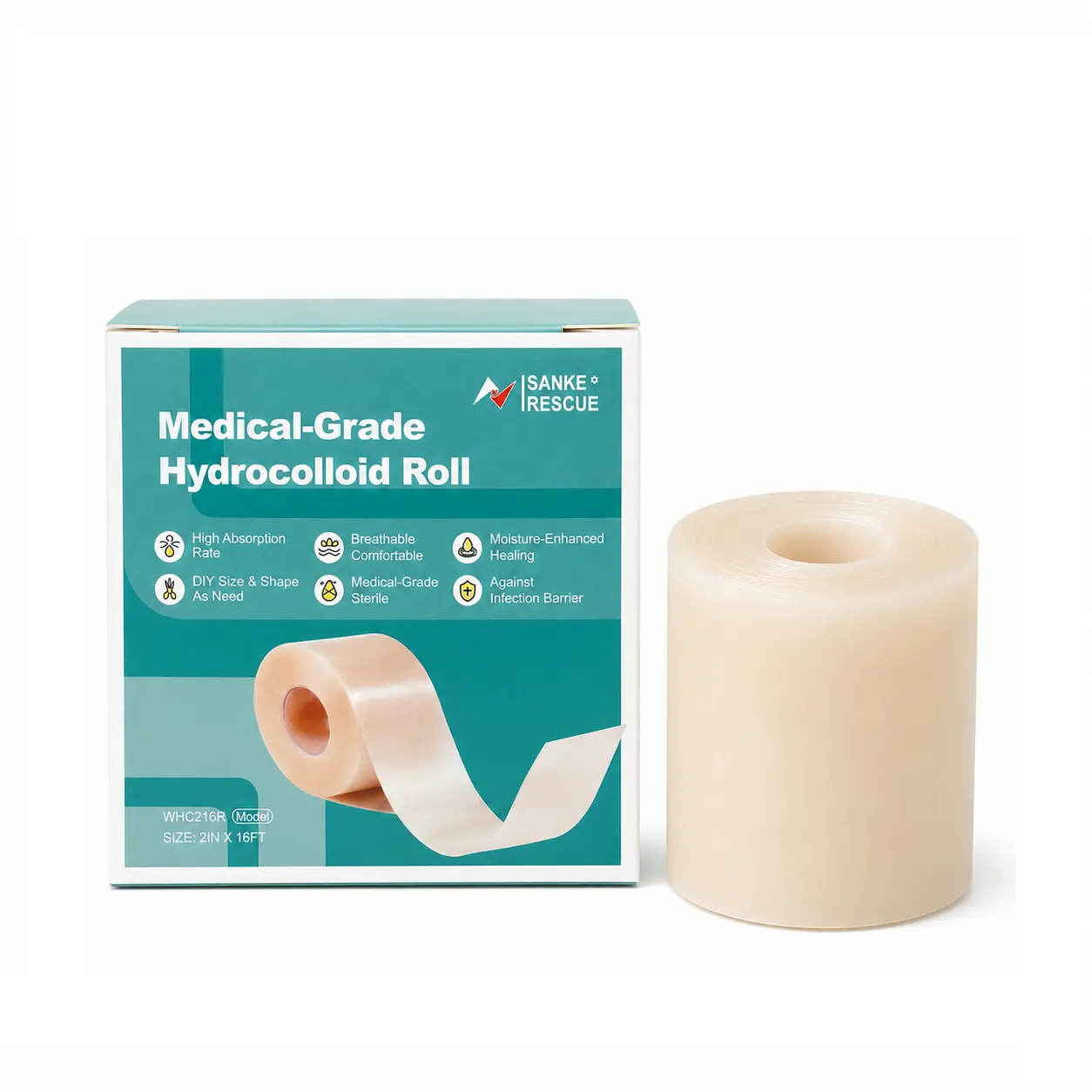 Hydrocolloid Bandage Roll, 2in x 16ft Flexible Waterproof Gel Dressing - Self-Adhesive Medical Grade Tape for Sports Blister & Wound Care, Emergency Supplies, Waterproof Bandages, Fitness, Equestrian, Healthcare