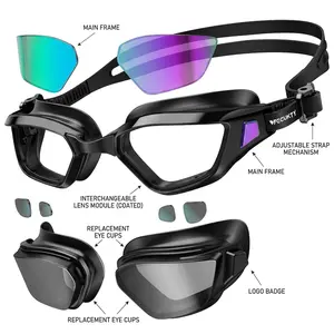 【Vecukty】Professional Adjustable Swim Goggles, Black Anti Fog Eyewear for Men and Women Swimmers