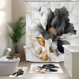 Black gold floral abstract aesthetic pattern design, 4-piece shower curtain set, modern bathroom decoration, with carpet (bath mat, U-shaped, toilet lid) and 12 durable hooks, non slip floor mat, waterproof forest shower curtain, polyester fiber