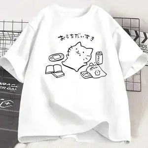 Japanese Style No Plan Cat Print T-shirt for Women Funny Short Sleeve Summer Loose Tshirt Kawaii Kitty Cat Lover Tees