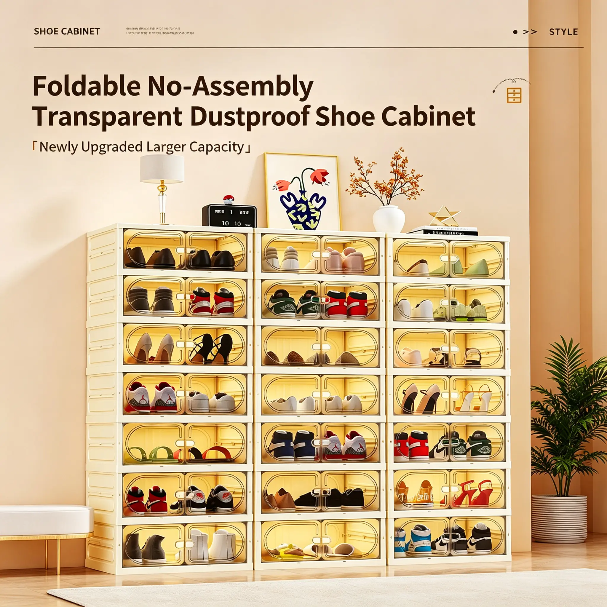 Foldable No Assembly Shoe Cabinet, Transparent Dustproof Shoe Storage Organizer, 6 Tier / 9 Tier Stackable Shoe Rack for Entryway, Space Saving Sneaker Shoe Box