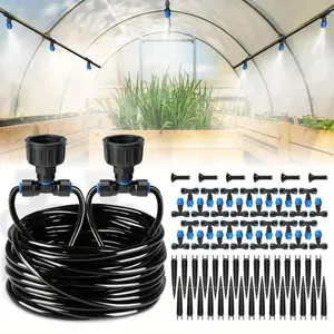 59ft to 118ft  Automatic Irrigation Kit, Greenhouse Mist Cooling System, Hanging Plants Automatic Irrigation Set Suitable for Courtyard Gardens, 1/4 Inch Adjustable Mist Nozzles with Quick Connector Design