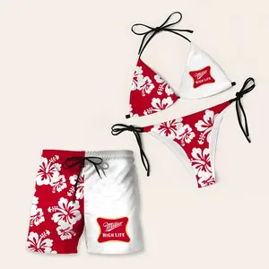 Matching Miller High Life beer Swimsuits for Couples - Swim Bra & Tie Side Thong Bikini + Men's Beach Shorts, Summer Vacation Swimsuit, Hawaiian Shirt Style, Aloha Beach Outfit, Casual Holididay