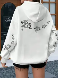 Women's Turtle Print Hooded Sweatshirt, Casual Long Sleeve Pullover, Comfortable Fall & Winter Fashion, Easy to Pair, Must-Have Closet Item