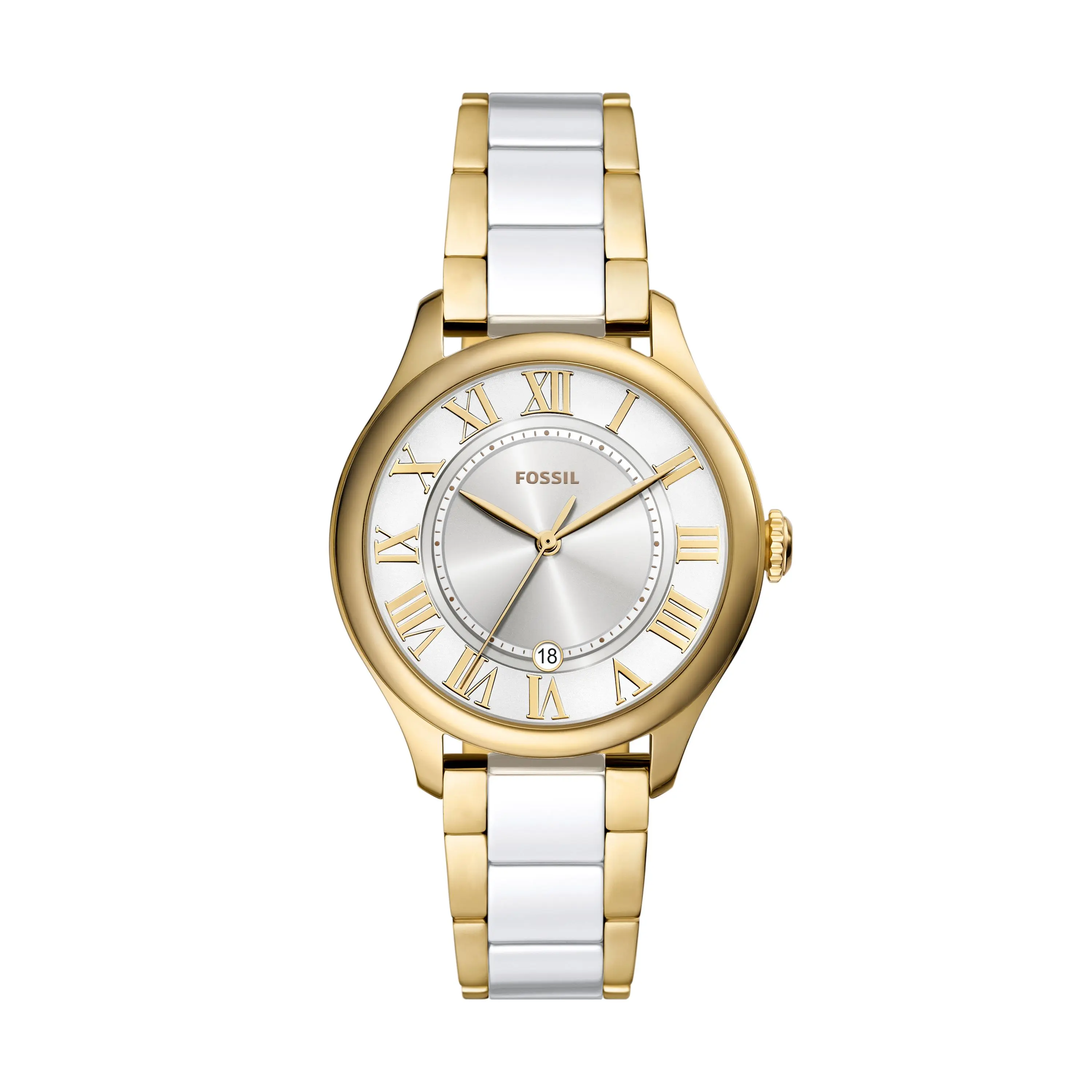 Fossil Women's Gilmore 38mm Three-Hand Date Gold-Tone and White Ceramic Watch