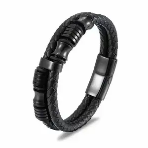 Mens Double-Row Braided Leather Bracelet Bangle Wristband with Black Stainless Steel Ornaments Men's Charm Fashion Casual Jewelry Gift