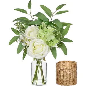 15.8" White Fake Flowers in Vase with Faux Water, UV Protected Roses Artificial Flowers with Hydrangeas & Eucalyptus, Silk Flower Arrangement for Living Room, Dining Room, Wedding Table Centerpieces