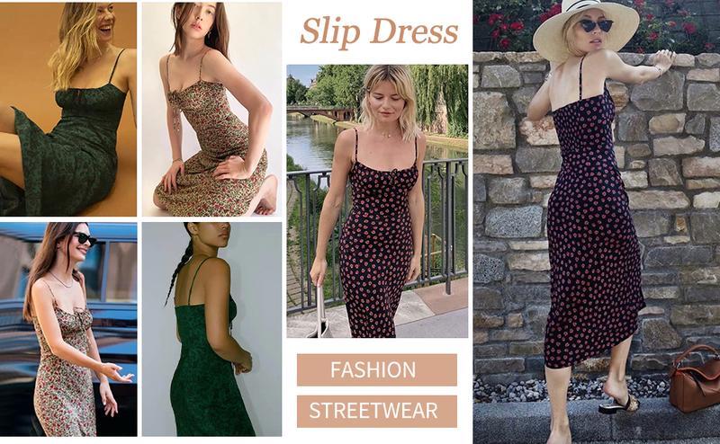 Mundoven Women's Floral Dress Low-Cut Square Neck Spaghetti Strap Tie Bodycorn 90s Y2k Sun Dresses Springfresh Casual Wear Women's Slip Summer Dress with Adjustable Straps & Elastic Neckline