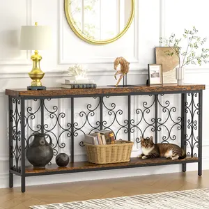 70.9" Extra Long Console Table, Industrial Narrow Sofa Table Behind Couch with 2 Tier Storage Shelf, Entryway Hallway Accent Table for Living Room, Foyer, Rustic Brown