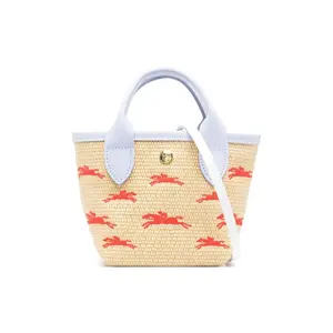 LONGCHAMP Le Panier Pliage Logo Snap Closure Woven Leather Tote Bag Mini Women's Beige Blue