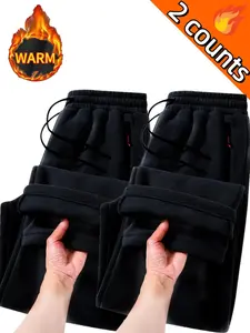 Plus Size Men's Solid Color Reversible Fleece Lined Pants, Casual Comfy Waterproof Zipper Design Straight Leg Trousers for Fall & Winter, Men's Bottoms for Daily Wear