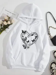 Women's Butterfly Print Drawstring Pocket Hoodie, Fashion Casual Hooded Sweatshirt cute sweatshirt for Daily Holiday Outdoor Wear, Women Clothing for Fall & Winter