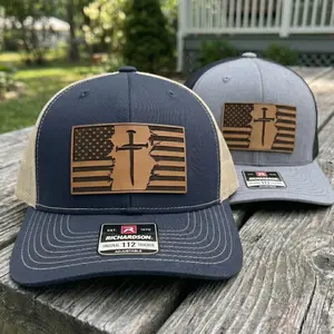 Patriotic Christian Cross American Flag Leather Patch Hat, Vintage Americana Faith Trucker Cap, Retro Three Nails Religious Statement Snapback
