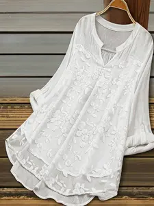 Plus size women's fashionable versatile solid color loose A-line mid-sleeve V-neck Lady blouse top, suitable for summer, vacation, daily street wear, and casual occasions, Womenswear