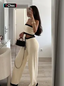Women's Color-Block Slim Fit Tube Top + High-Waisted Stretchy Wide-Leg Knit Pants Set | Casual Summer Outfit | Fashionable Daily Wear | Simple & Elegant