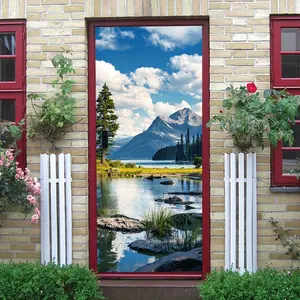 2pcs Nature Landscape Wall Stickers for Living Room Bedroom Decor Self Adhesive Removable Eco Friendly Material Modern Simple Home Decoration Painting Nature Lake Mountain Tree Pattern Wall Decals Custo