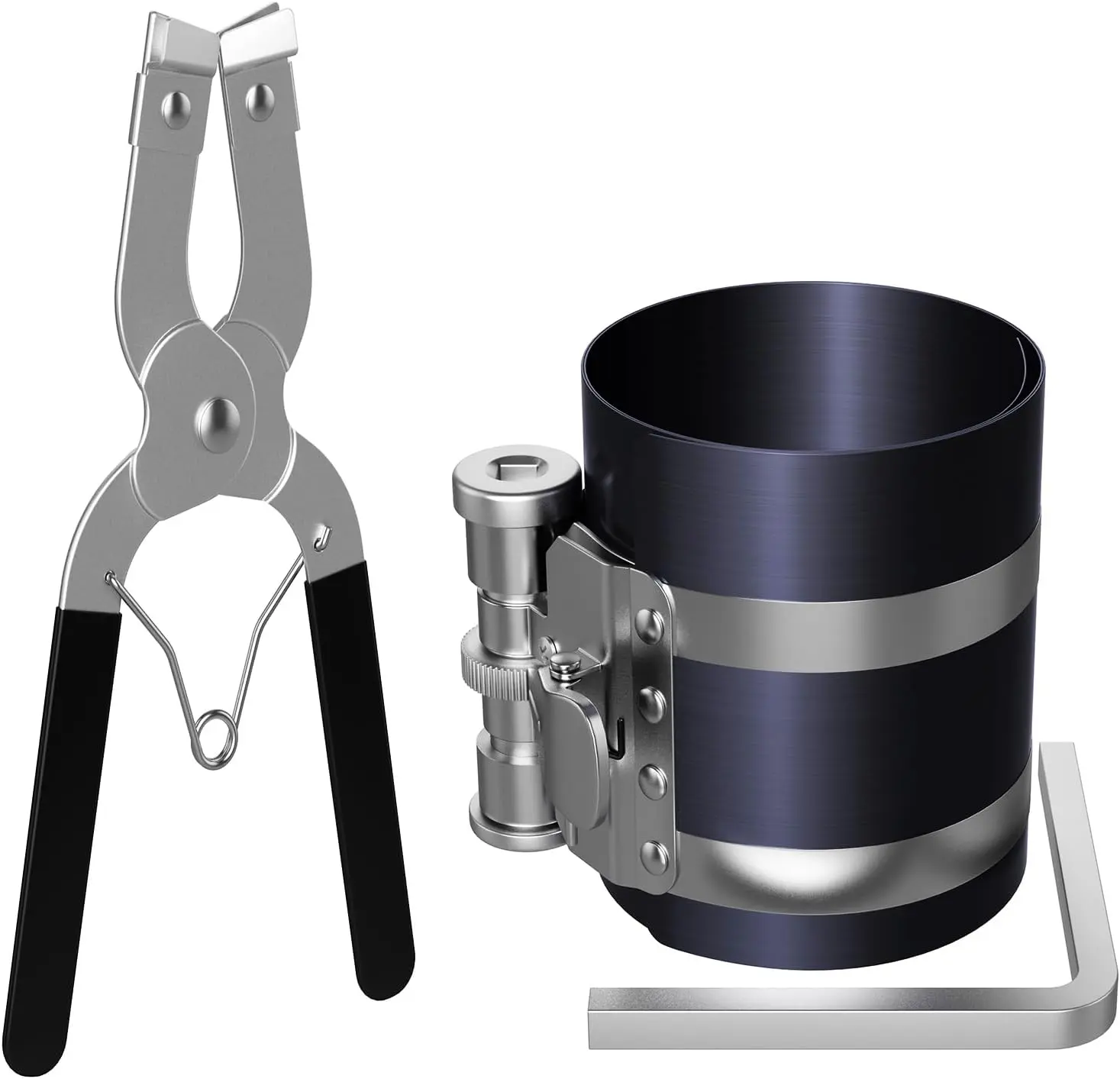 Piston Ring Compressor Tool,Car Engine Piston Ring Installer Removal Kit,Adjustable Sizes From 2-1/8 Inches To 7 Inches (53mm - 175mm) with Piston Installer Plier