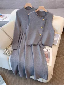 Women's Fuzzy Button Vest Set, Half High Neck Long Sleeve Knit Dress Suit, Fall Winter Commuter Daily Wear, Ladies Chic Fashion, Minimalist, Casual wear