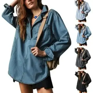 Women's Denim Pullover Casual Notch V Neck Blouse Loose Fit Pullover Casual Button V Neck Long Sleeve Jean Jacket with Pocket Cotton Fabric Shirts Womenswear jacketswomen winter clothes women(Sheets)