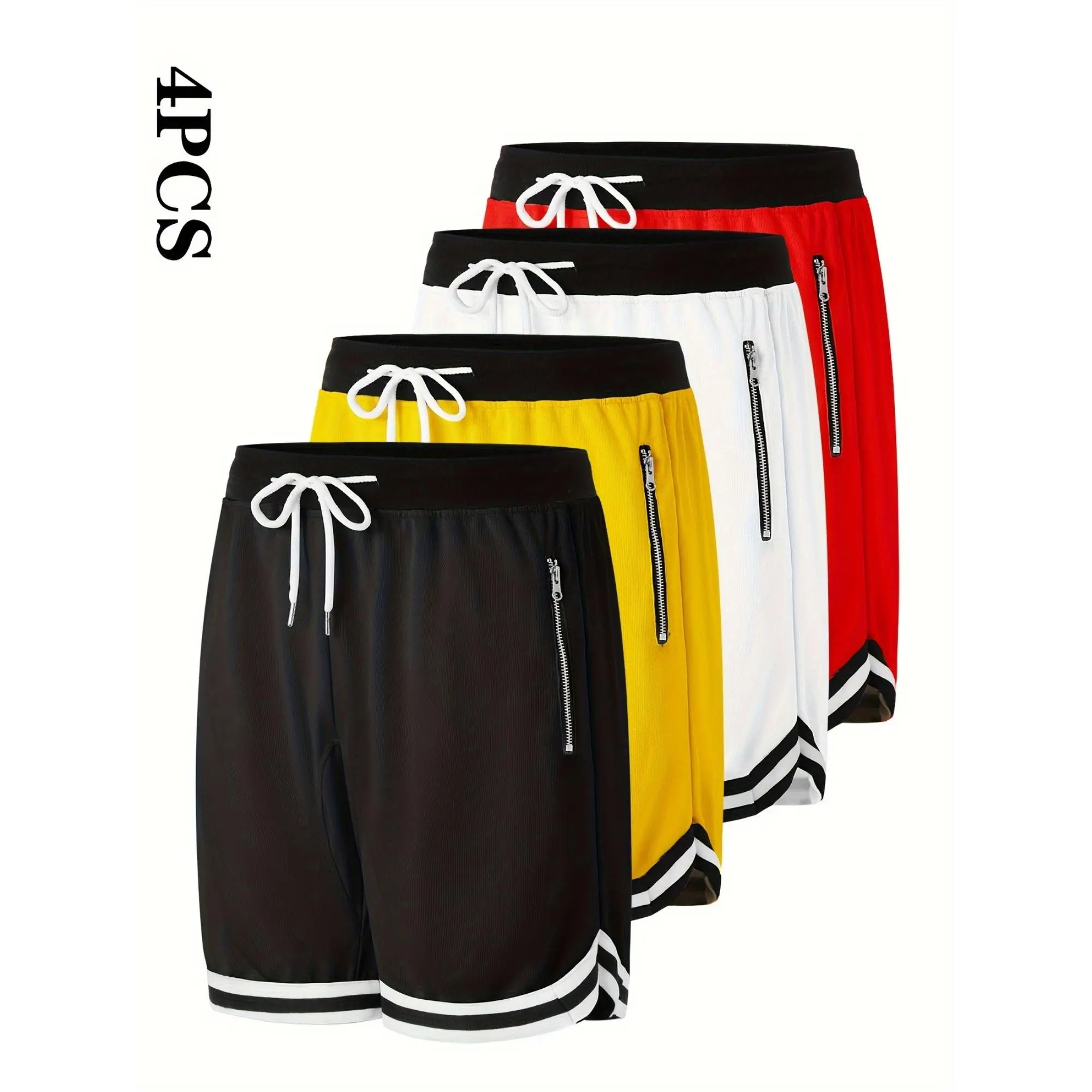 Men's 4-Piece Sporty Style Athletic Shorts - Breathable Polyester, Elastic Waistband, Zip Pockets, Multi-Colors, Machine Washable for Basketball, Sports Activities Menswear summer