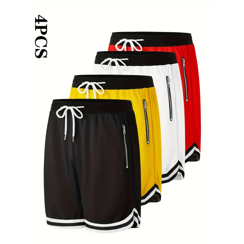 TNZI Multipack Men's Shorts - 4-Piece Sporty Athletic Style, Above-the-Knee, Lightweight Breathable Polyester, Elastic Waistband, Zip Pockets, Mix and Match Multi-Colors, Machine Washable, Menswear for Athletes