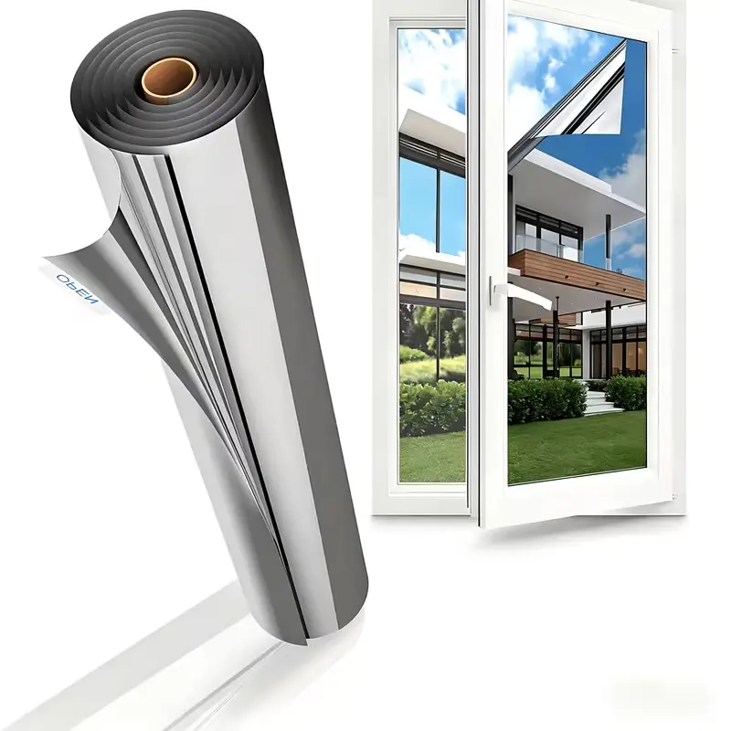 Black-Silvery Static Cling Window Film, 1-Way Daytime Privacy Glass Tint, Heat-Control Mirror House Window Sticker for Home Decor