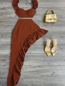 Women's Summer Patchwork Pleated Slim Fit Western Style Top, Plain Color Halter Skirt Set, Elegant and Sexy Casual Wear