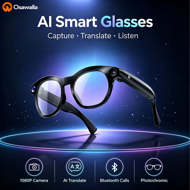 Osawalla AI Powered Smart Glasses - TR90 Frame, 8MP Camera, AI Assistant, High Capacity Digital Electronic Wearable, Real-Time Translation (164 Languages), Microphone, Unisex, Bluetooth Headphones Compatible